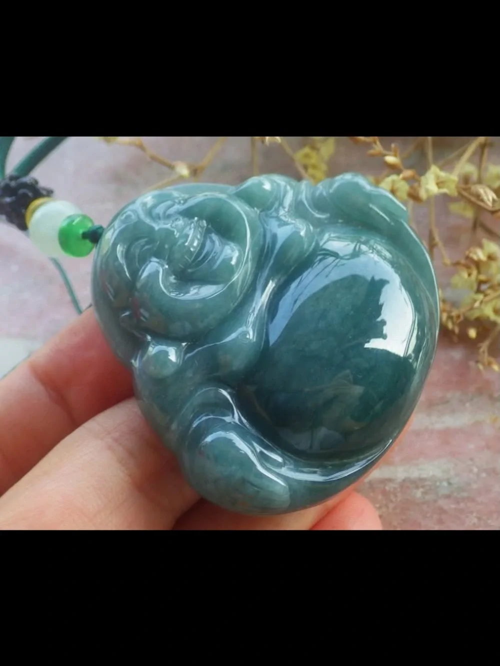 Certificate Jadeite Jade Dark Green Pendant luck Laughing Buddha god